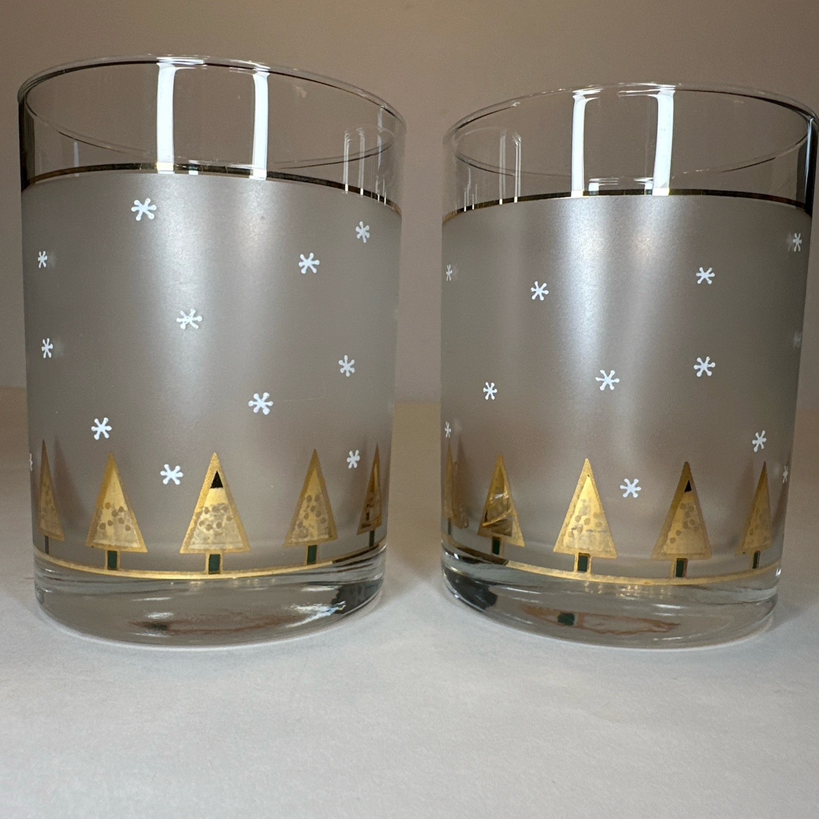 (2) Vintage Culver Double Old Fashion Frosted Gold Christmas Tree Glasses MCM