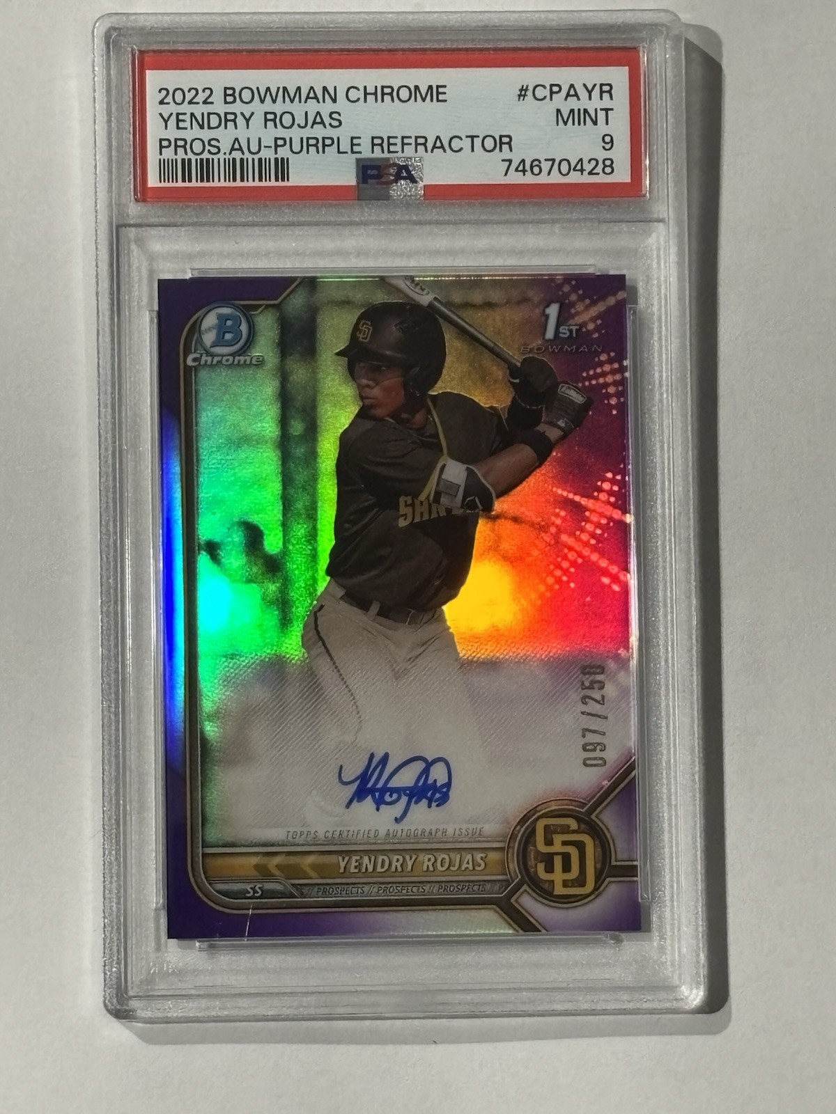 2022 Bowman Chrome Prospects Yendry Rojas 1st Purple Refractor Auto /250 PSA 9