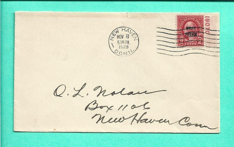 #646 Molly Pitcher Overprint Plate Number Single Cover 1928 New Haven CT 2 Cent