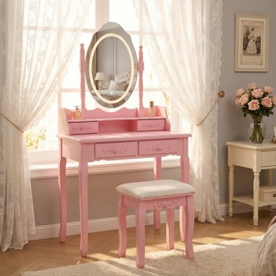 Princess Vanity Desk Set with LED Mirror, Stool, 4 Drawers Makeup Dressing Table