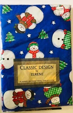 VINTAGE ELRENE SNOWMAN OR BEAR FLANNEL BACKED VINYL TABLECLOTH 70" ROUND OR....
