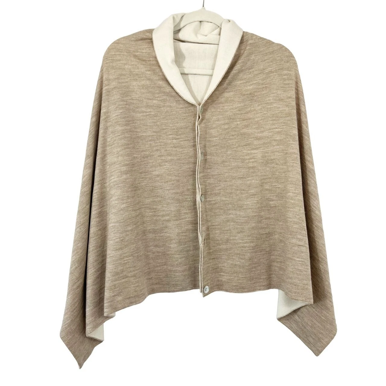 Orvis 100% Wool Reversible Poncho Tan Ivory Buttons One Size