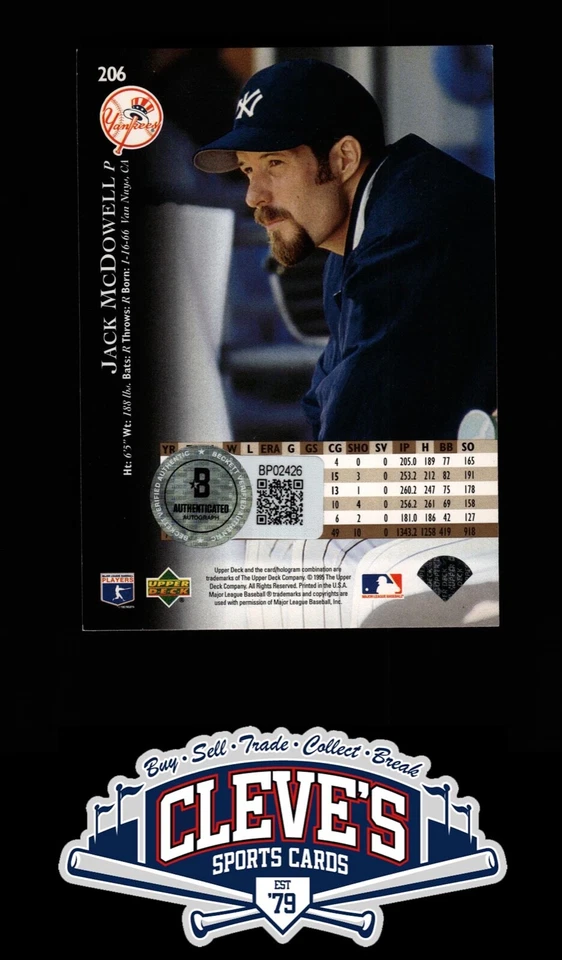 1995 UPPER DECK JACK MCDOWELL AUTO BECKETT AUTHENTICATED AUTOGRAPH NY YANKEES - Image 2 of 2