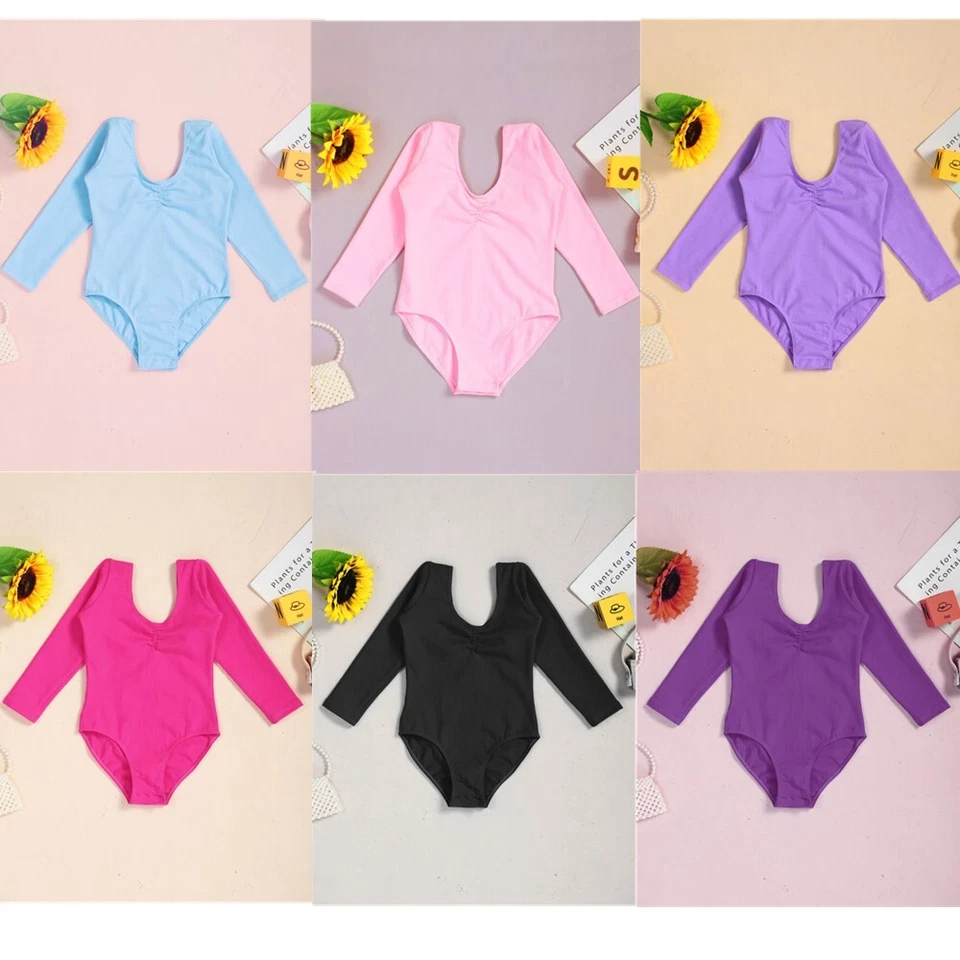 Kids Girls Cotton Long Sleeve Leotard Bodysuit Ballet Dance Gymnastics Jumpsuit  - Image 2 of 4