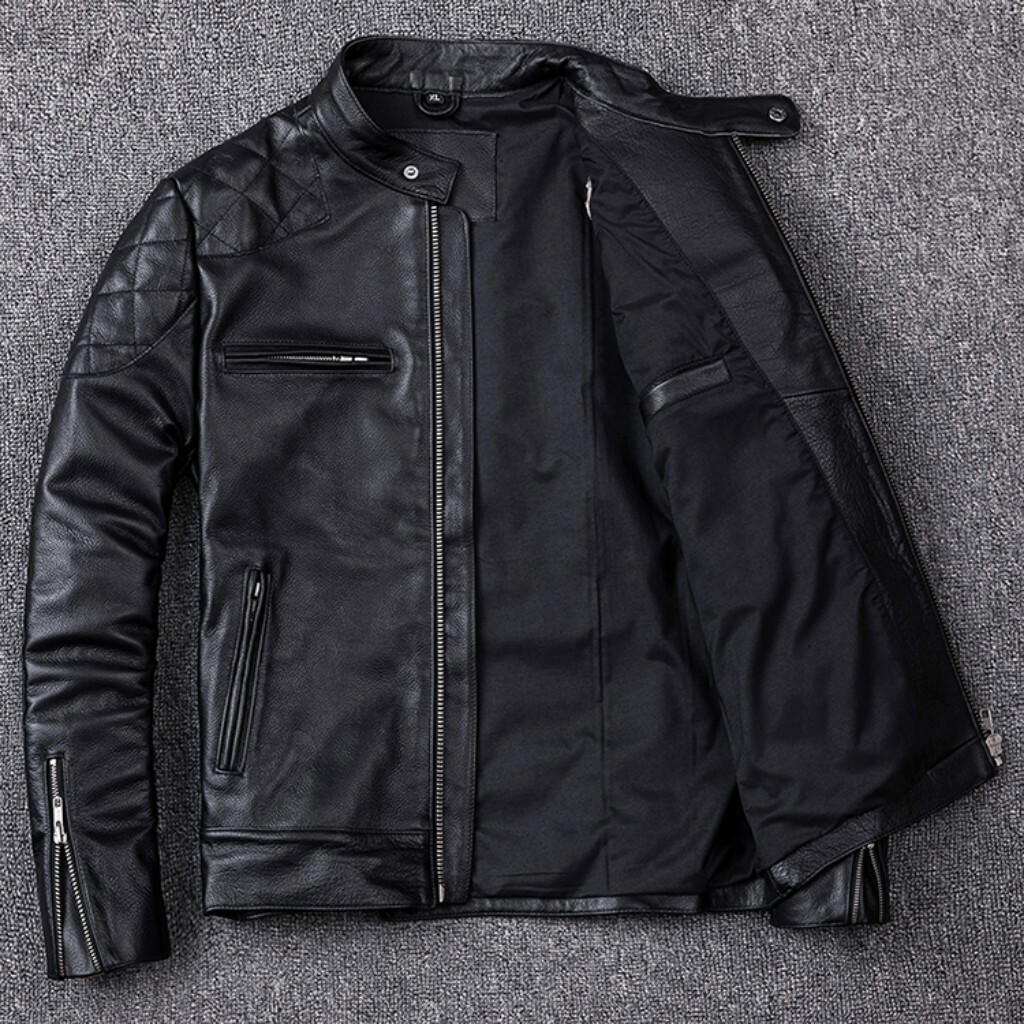 Men's Real Cowhide Leather Jacket Biker Zipper Motorcycle Stand Collar Punk New Men's Real Cowhide Leather Jacket Biker Zipper Motorcycle Stand Collar Punk New