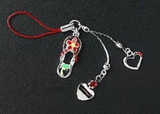Silver Dangle Heart Crystal Red Enamel Flower Hawaiian Sandal Cell Phone Charm