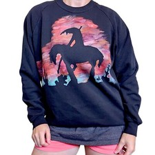 Vintage 90s M Handpainted Native American Tribal Sunset Crewneck Faded Black