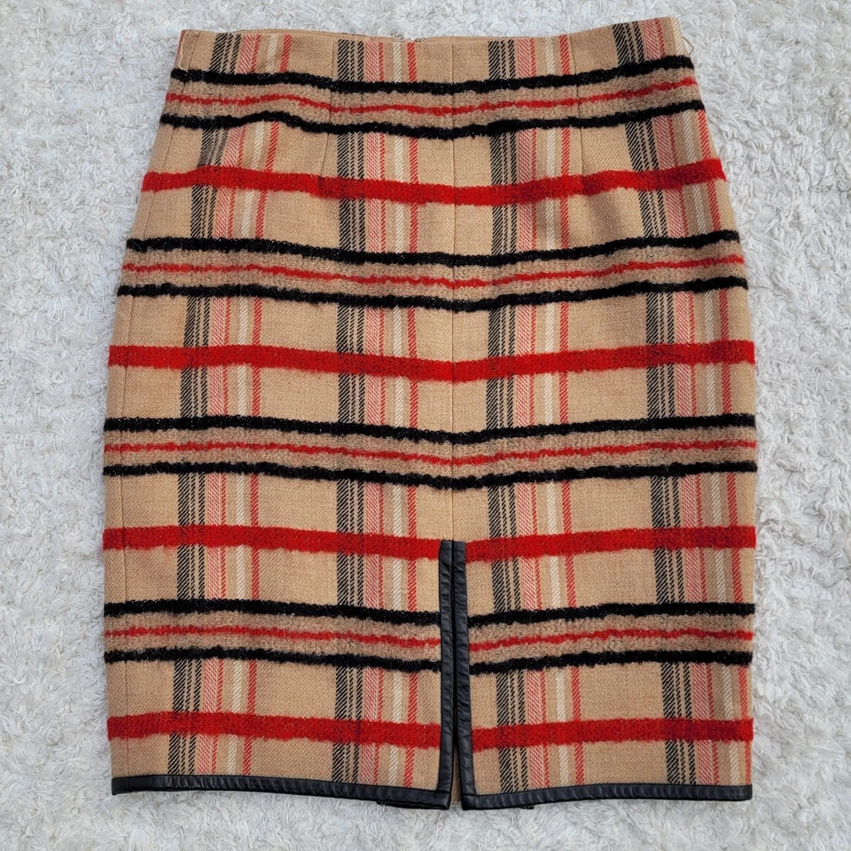 Carlisle Wool Blend Plaid Pencil Skirt Leather Trim Lined Sz 10 Tan Black Red