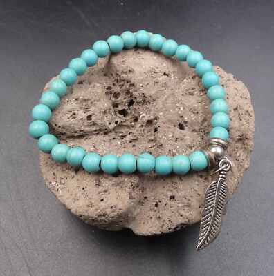 Bracelet Howlite Turquoise Et Breloque Plume – Style Amérindien, Fait Main