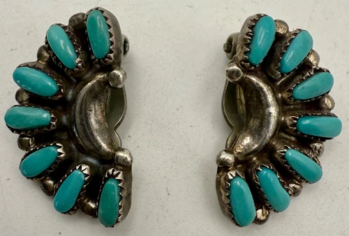 BILL & LOU LAWEKA - NATIVE AMERICAN ZUNI SILVER & TURQUOISE CLIP EARRINGS