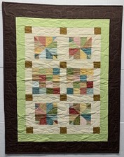 6 Patch Small Quilt - Brown, Green, Blue, Ivory, Yellow, Pink - 33 x43 34