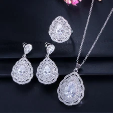 Elegant 3pc Jewellery Sets White CZ Topaz Dangle Drop Necklace Earrings and Ring