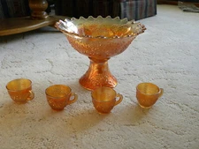 Carnival Glass Punch Bowl-Base/Stand-4 Cups - Marigold/Orange Tree