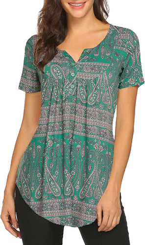 Women'S Floral Printed Short Sleeve Henley V Neck T-Shirt Pleated Casual Flowy T - Picture 6 of 30