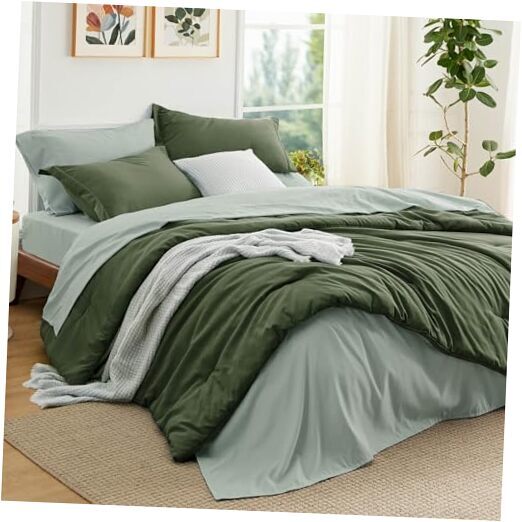 Full Size Comforter Set - 7 Pieces Olive Green Full Bedding Set for All