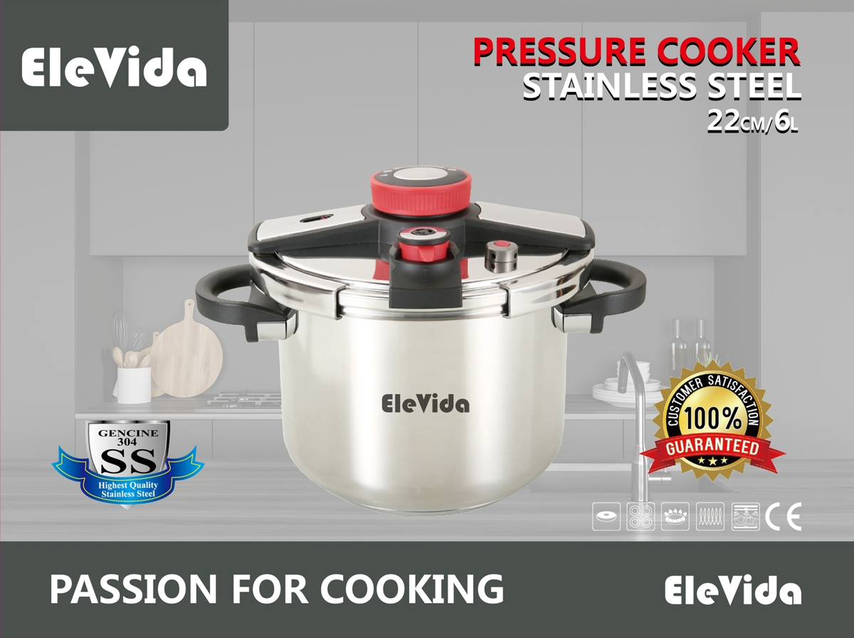 Elevida© Preumium Easy Pressure Cooker, Stainless Steel,6 L ,37 x