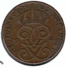 1941 Sweden 2 Ore Gustaf V Bronze Coin (#2)!