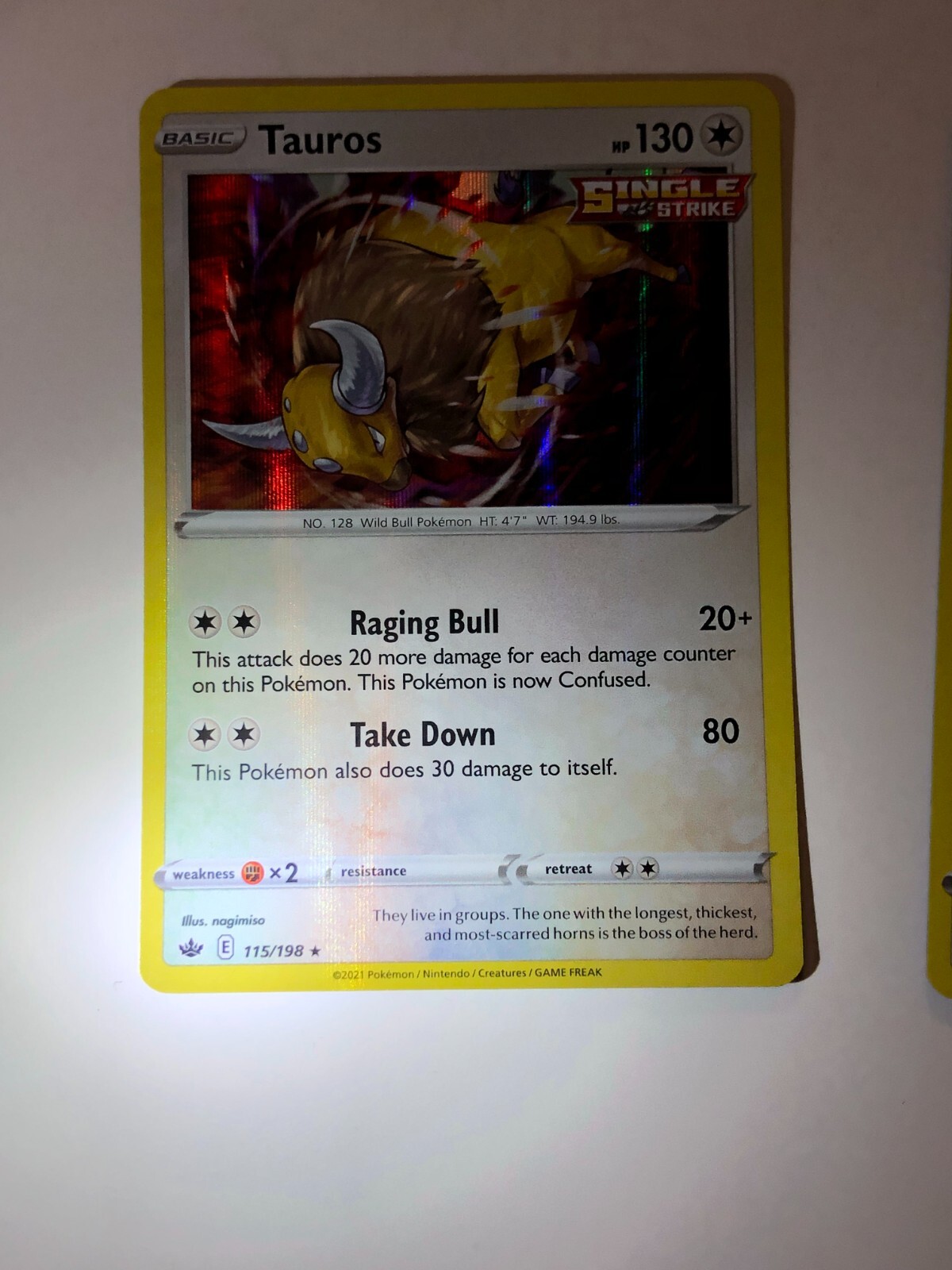 Pokemon Card Chilling Reign Holographic Bleed Error Tauros 115/198 NM