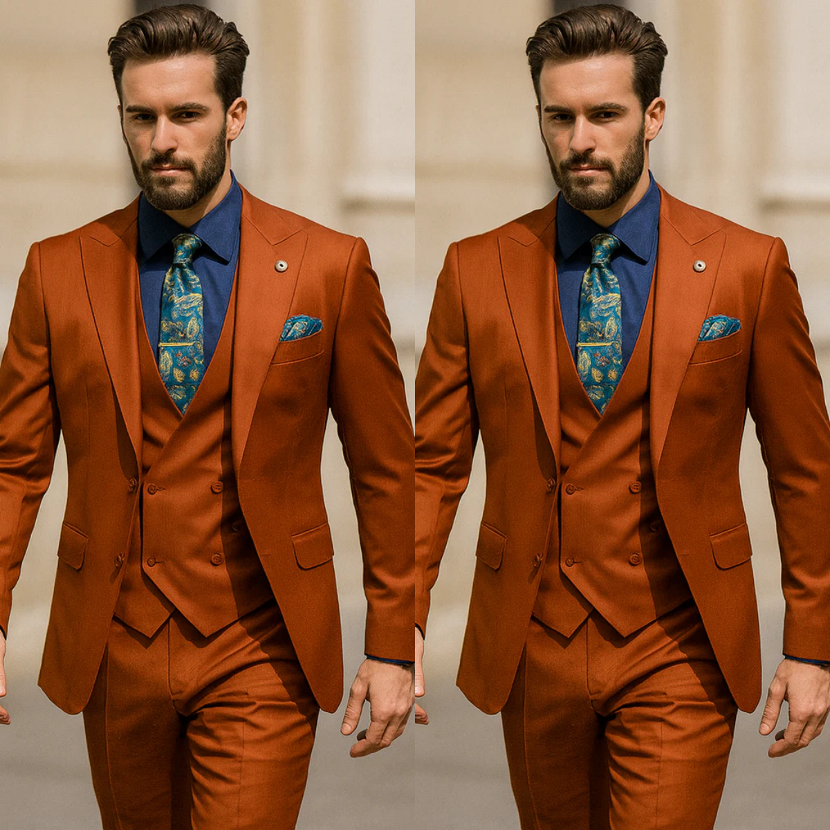 Orange Men's Formal Suit Peak Lapel Offical Tuxedo Jacket Business Party 3Pcs