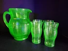 Anchor Hocking URANIUM Green Circle Pattern Depression Glass Pitcher & 4 Glasses