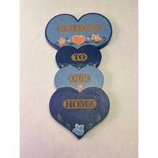Handmade Welcome To Our Home Sign Wall Plaque Blue Wood Hearts Vtg 1989 Cottage