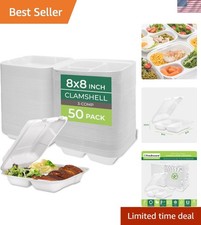 Food Containers Clamshell 8x8 3-Compartment Disposable Biodegradable Pack of 50