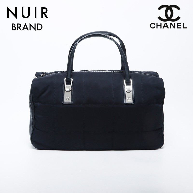 Vintage CHANEL 2001 Chocolate Bar Nylon Leather Boston Bag Black
