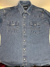 Wrangler Shirt Blue Denim Western Pearl Snap Long Sleeve Cowboy Light Wash
