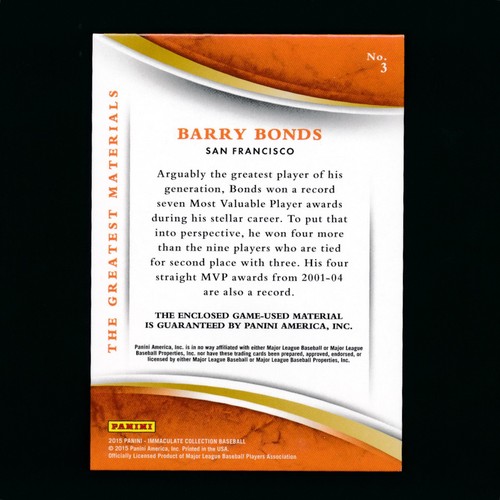 Barry Bonds 2015 Panini Immaculate The Greatest Jersey Patch /49 Giants - Afbeelding 2 van 2