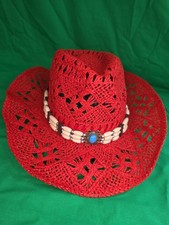 NWT Red Straw Cowboy Hat Women  s Western Boho Summer Beach Cowgirl Sun Hat