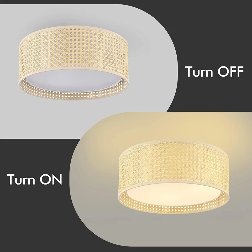 Nuevo WINGBO 20" Lámpara de Techo Montaje Al Ras Tela Ratán Doble Tambor  Foto 2 de 4