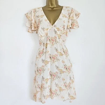 NEW Ex NEW LOOK 10-18 Ruffle Chiffon Floral Dress Ivory Pink Occasion Wedding - Image 1 of 4