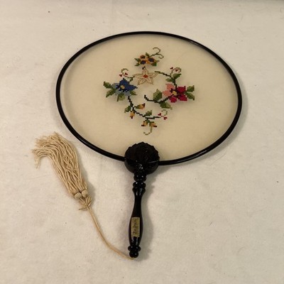 Vintage Round doublesided embroidered Japanese Flowered Hand fan, pre owned