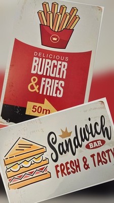   2x VINTAGE Sandwich BAR FRESH&TASTY BURGER&FRIES Blechschild 30x20 Neu   