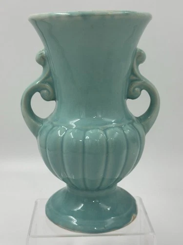 Vintage Shawnee Pottery Light Blue Urn Vase w/Scrolled Double Handle