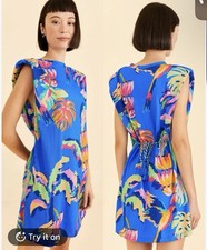Farm Rio Blue Painted Jungle T-Shirt Mini Dress Large Rope Belt Colorful Bird