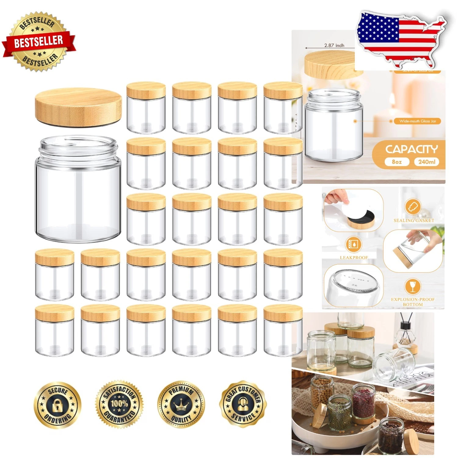 8 Oz Glass Jars with Lids (24ct) Reusable Airtight for Cosmetics, Spices