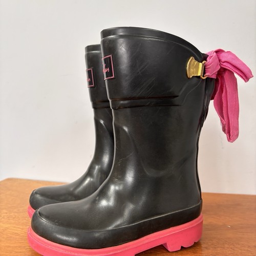 Joules Wellies Boots With Pink Bow & Sole Black Child’s Small Size UK 8 - Picture 3 of 10