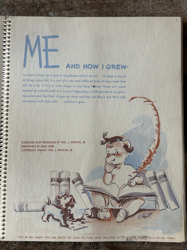 Libro de recuerdos para bebés de colección raro de 1944 de Wm J Scholar Jr dibujos de Mimi Jobe EE. UU. Foto 2 de 4