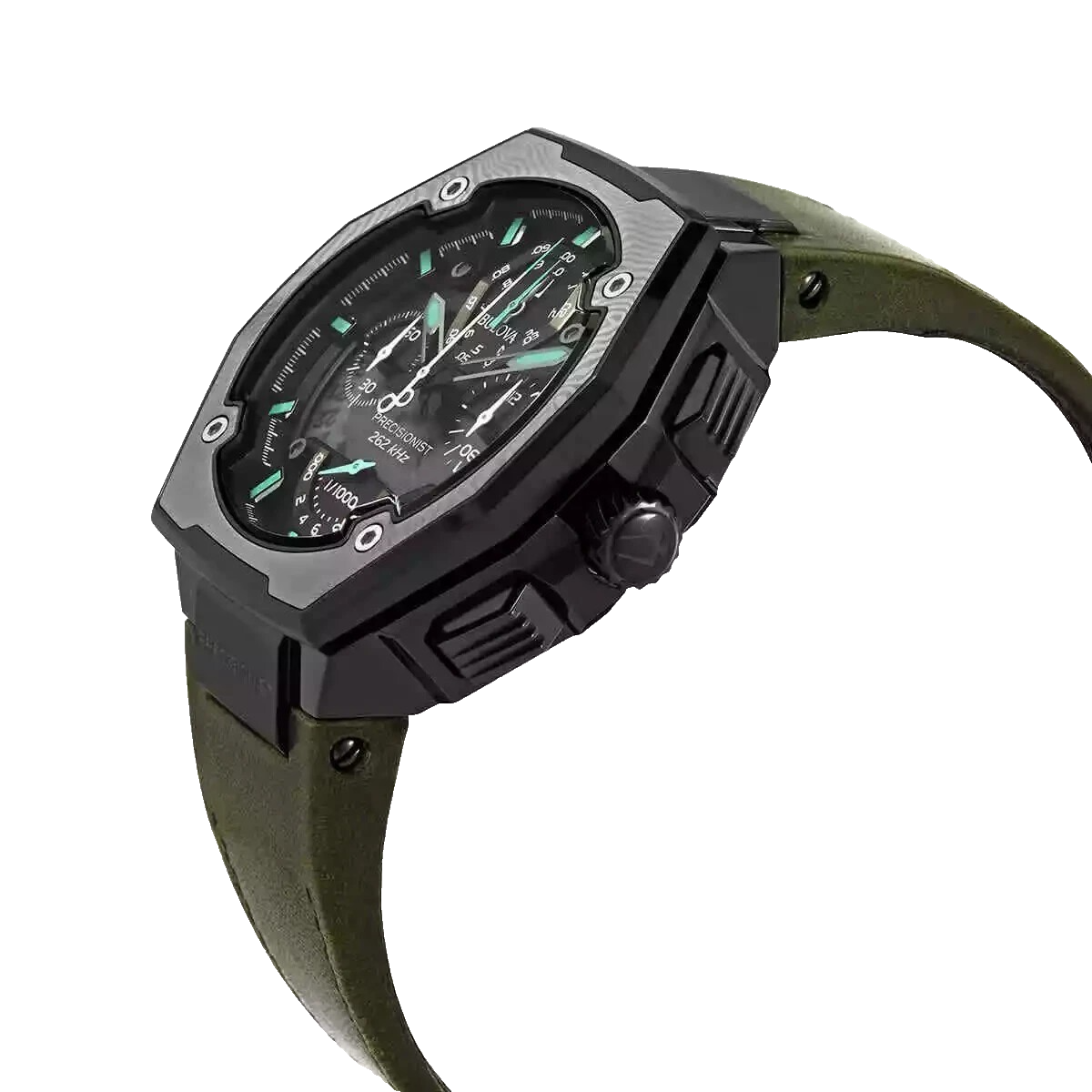 BULOVA PRECISIONIST CHRONOGRAPH 98B355 BLACK DIAL GREEN LEATHER STRAP ...