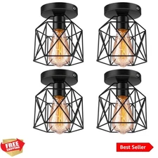 Semi Flush Mount Ceiling Light, E26 E27 Retro Black Industrial Ceiling Light ...