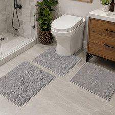 3 Piece Set Light Grey Soft Cozy Plush Chenille Absorbent Bathroom Bath Mat Set