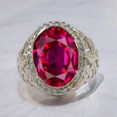 Ruby Oval Cut Gemstone With Solid 14K White Gold Ring For Men's #A92 #