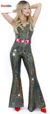 Disco Outfit 70S 80S Prom Sparkle Flare Jumpsuit Party Costume Halloween Cosplay