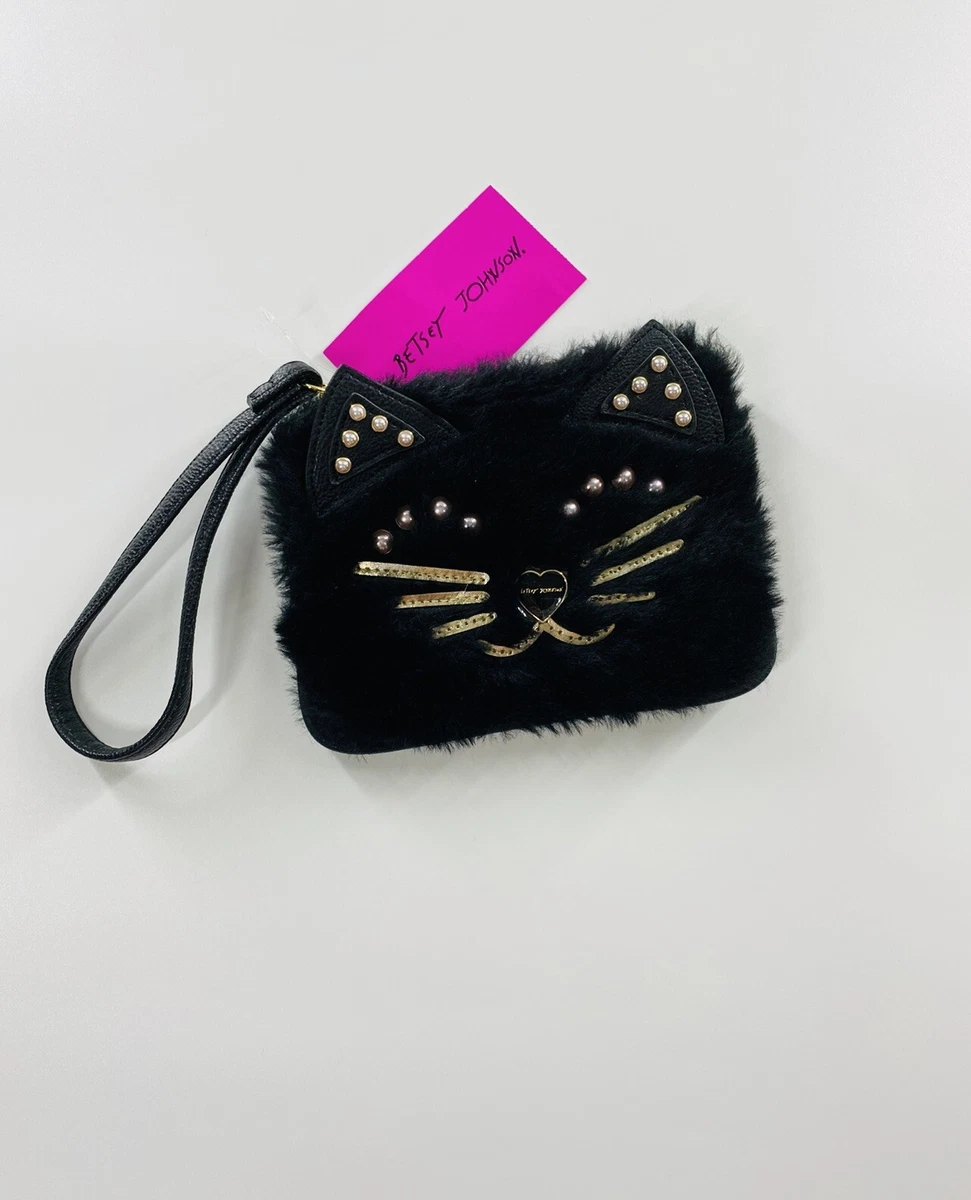 NWT Super Cute Betsey Johnson Kitsch Black Cat Kitty Wristlet Zipper Pearls