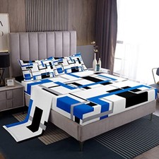 Geometry Square Bed Sheets Blue Black White Sheet Set for Kids Full Multi 15