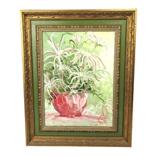 Vtg Spider Lily Floral Still Life Original Painting | Green & Gold Ornate Frame