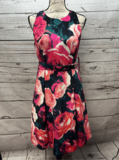 Eliza J Floral Fit and Flare Dress Pink Red Rose Belted High Neck 12P EJ6P2701