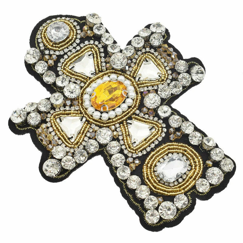 Rhinestone Beaded Cross Patch Handmade Sew on Applique Badge for Clothing Dress - Image 2 of 4