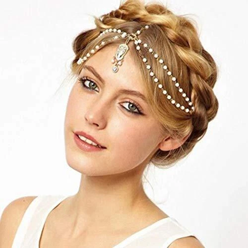 Gold Hair Chain Pearl Head Chain Bridal Head Band Festival